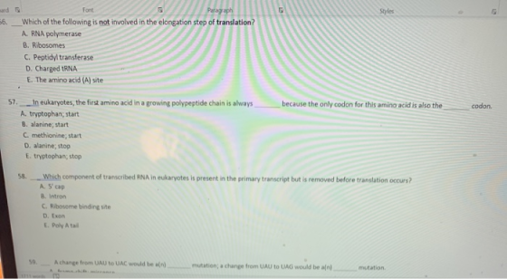 Styles and 56. Paragraph Which of the following is not involved in the elongation step of translation? A. RNA polymerase B. R