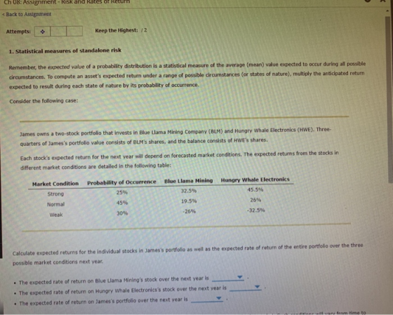 Ch 08: Assignment - Risk and Rates or Return < Back to Assignment Attempts: . Keep the Highest: 72 1. Statistical measures of