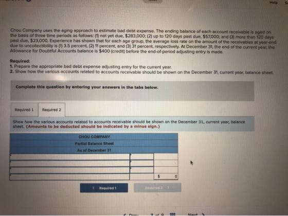 Help Chou Company uses the aging approach to estimate bad debt expense. The ending balance of each account receivable is aged
