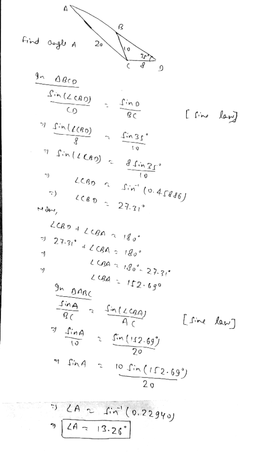 Find ag A ABCD Sin (2 CaD) SinD CO inlRD) Sin35 Sin(0.4886) 27.31 LCRD LBA a 27.31 I CRA 2 18o LCRA 0°- 27.3 2 630 n DARC