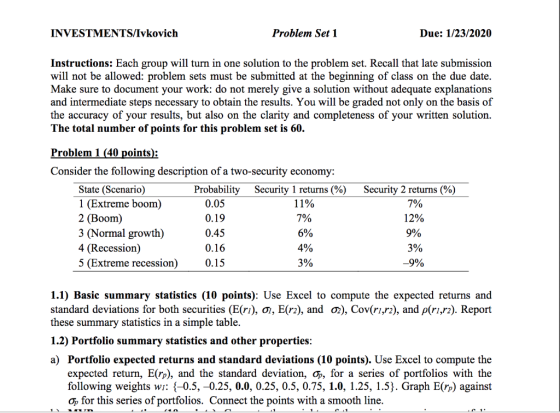 INVESTMENTS/Ivkovich Problem Set 1 Due: 1/23/2020 Instructions: Each group will turn in one solution to the problem set. Reca
