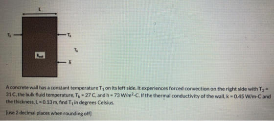> A concrete wall has a constant temperature Ty on its left side. It experiences forced convection on the right side with T2