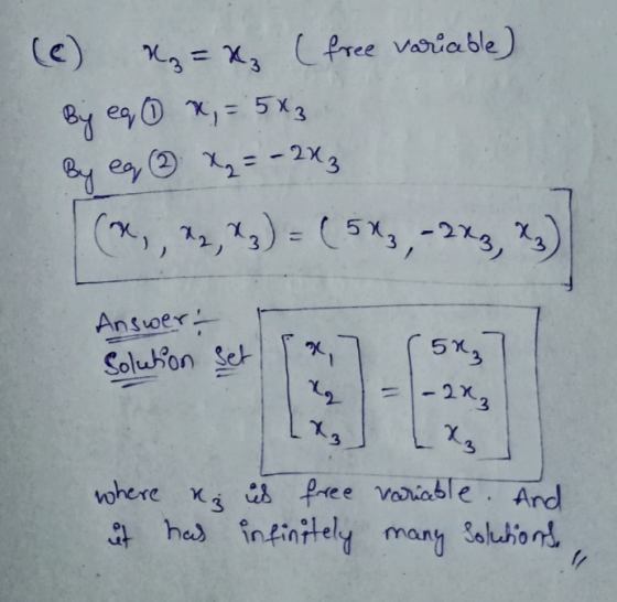 1, 2, 3) = (513, -223 z = X₃ (free variable) By eq 1 x = 5x3 By eg 2 X = -2X 3 3 Answert solution set ge; 11 ng X2 50₂ 1-2x3