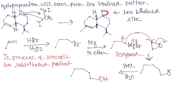cyclopropanation will occur Hinzu I Selt from - les hinelered position. Huy < less bonelered site s pn ether 1202 In presence
