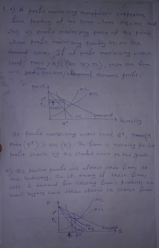 1.9 A profit maximizing monopolistic competitive Linn produces at the point where MR = me and Jets its profit maximizing pri