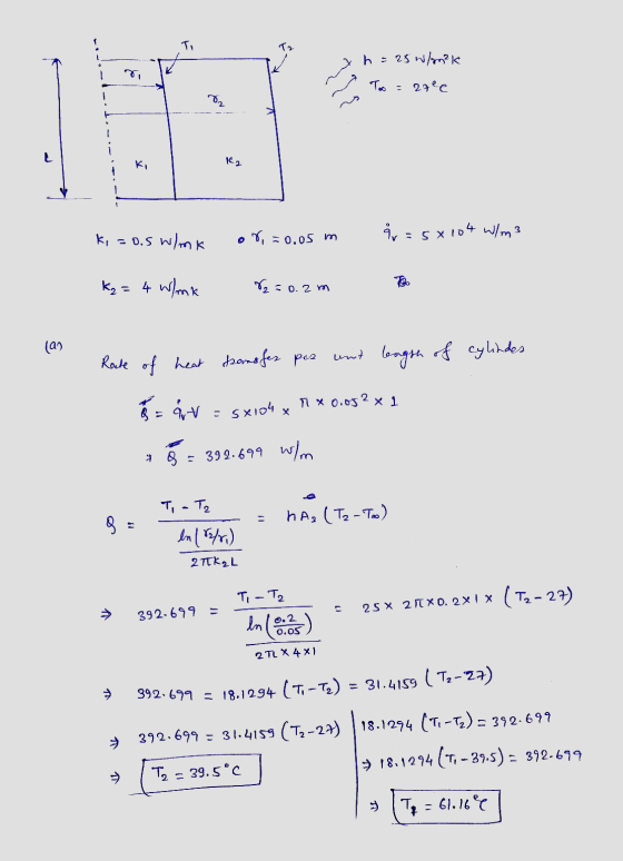 To TO h = 25 W/m²K ४। Too = aree 12 ki = 0.5 w/mk or, = 0.05 m gr = 5x104 W/m3 Kg = 4 W/mk 8 = 0.2m lan Rate of heat transfer