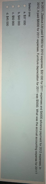 In 2011, Zealous Ltd paid $1900 for 2010 expenses, $32 000 for 2011 expenses and $4000 advance payment for 2012 expenses. In