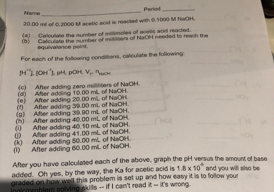 Period Name 20.00 ml of 0.2000 M acetic acid is reacted with 0.1000 M NaOH. (a) (b) Calculate the number of millimoles of ace