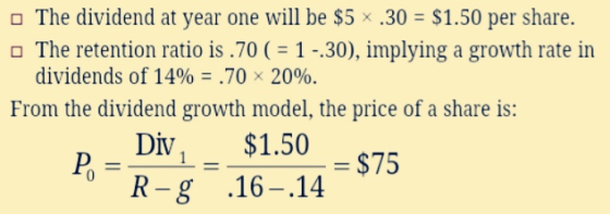 The dividend at year one will be $5 ~ .30 = $1.50 per share. The retention ratio is .70 ( = 1 - 30), implying a growth rate i