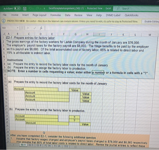 AutoSave OD 2 ExcelTemplateAssignment_Ch02 (1) . Protected View Excel Search File Home Insert Page Layout Formulas Data Revie