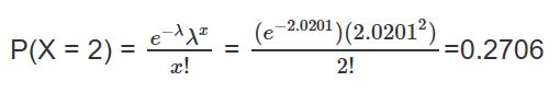 -2.0201)(2.02012) II P(X = 2) = e la -=0.2706 ! 2!