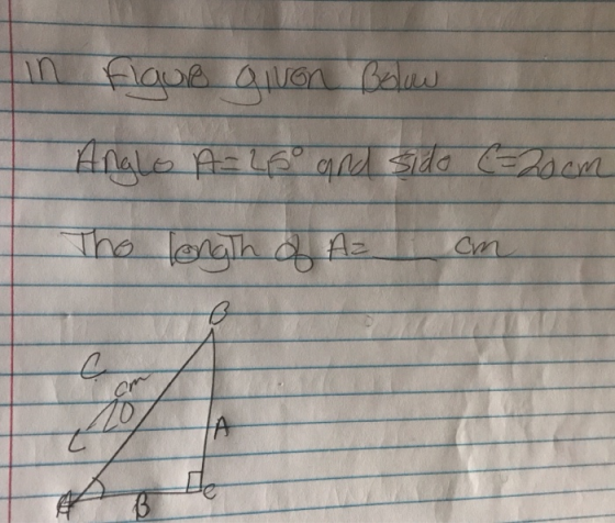 in figur given below Anglo A=25 and sido C=20 cm The length of A on