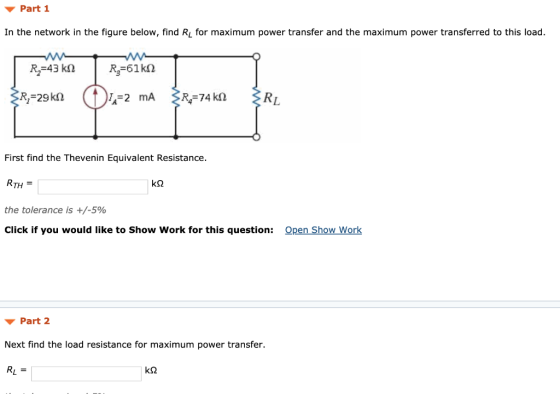 Part 1 In the network in the figure below, find RL for maximum power transfer and the maximum power transferred to this load.