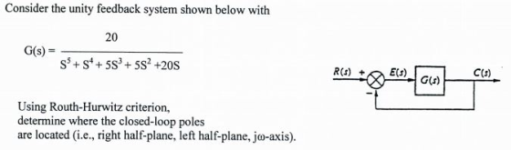 Consider the unity feedback system shown below with 20 G(s)- R(s) + Es) C(s) Using Routh-Hurwitz criterion, determine where the closed-loop poles are located (i.e., right half-plane, left half-plane, jo-axis)
