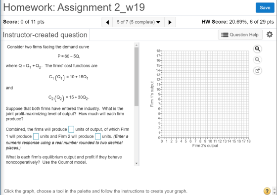 Homework: Assignment 2 w19 Score: 0 of 11 pts Instructor-created question Save 5 of 7 (5 complete) HW Score: 20.69%, 6 of 29 pts Question Help Consider two firms facing the demand curve 17 where Q Q, +Q2. The firms cost functions are C1 (01 10+15Q1 12 and (2) 15+3002 Suppose that both firms have entered the industry. What is the joint profit-maximizing level of output? How much will each firm produce? Combined, the firms will produce units of output, of which Firm 1 will produceunits and Firm 2 will produceunits. (Enter a numeric response using a real number rounded to two decimal places.) 4 5 6 7 8 910 11 12 1314 15 16 17 18 Firm 2s output What is each firms equilibrium output and profit if they behave noncooperatively? Use the Cournot model Click the graph, choose a tool in the palette and follow the instructions to create your graph