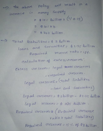 palicy silt esult in a asit つ7he above increase in meney Suppl 101 billion x (V o. IS 구ㅇ 구 billion -) Total peaksi li her: $ 3 billion loans and Secites2s laill n Required reser uerah,o 15 calcula tian ot excessunesen ve legal ure ser ves a liailibes loan and secuuities ratio Totaf na bilihen oes enver:IS./. 아饣2 billion Repaired