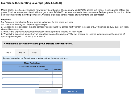 Exercise 5-15 Operating Leverage [LO5-1, LO5-8] Magic Realm, Inc., has developed a new fantasy board game. The company sold 27,000 games last year at a selling price of $69 per game. Fixed expenses associated with the game total $450,000 per year, and variable expenses are $49 per game. Production of the game is entrusted to a printing contractor. Variable expenses consist mostly of payments to this contractor. Required: 1-a. Prepare a contribution format income statement for the game last year. 1-b. Compute the degree of operating leverage. 2. Management is confident that the company can sell 32,940 games next year (an increase of 5,940 games, or 22%, over last year Given this assumption: a. What is the expected percentage increase in net operating income for next year? b. What is the expected amount of net operating income for next year? (Do not prepare an income statement; use the degree of operating leverage to compute your answer) Complete this question by entering your answers in the tabs below Req 1A Req 1B Req 2 Prepare a contribution format income statement for the game last year. Magic Realm, Inc., Contribution Income Statement Total Per Unit < Req 1A Req 1B >