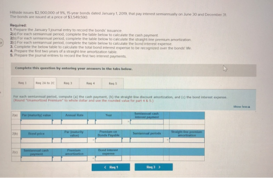 Hillside issues $2.900,000 of 9%, 15-year bonds dated January 1, 2019, that pay interest semiannually on June 30 and December