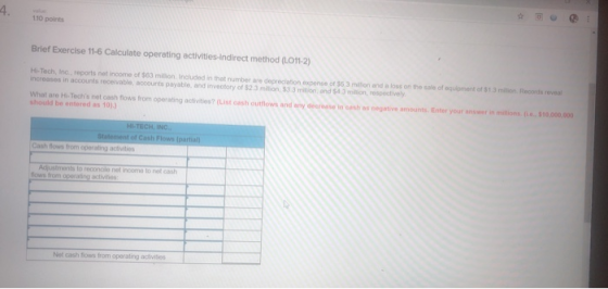 110 points Brief Exercise 11-6 Calculate operating activities-Indirect method (1O11-2) Hi-Tech, Inc, reports net income of $6