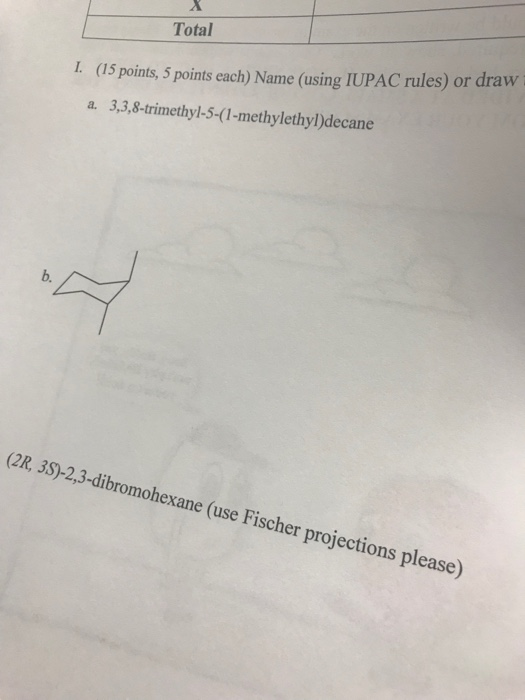 Total L (15 points, 5 points each) Name (using IUPAC rules) or draw a. 3,3,8-trimethyl-5-(1-methylethyl)decane b. (2R, 3s)-2,