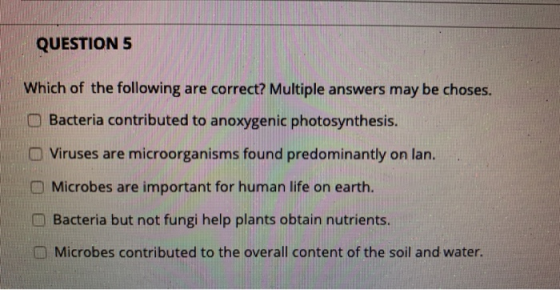 QUESTION 5 Which of the following are correct? Multiple answers may be choses. Bacteria contributed to anoxygenic photosynthe