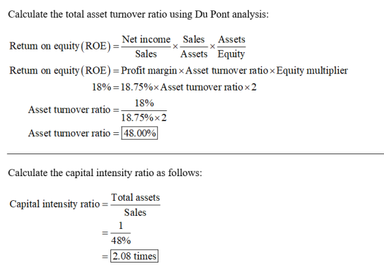 Calculate the total asset turnover ratio using Du Pont analysis: - X _Net income Sales Assets Retum on equity (ROE) = Sales A