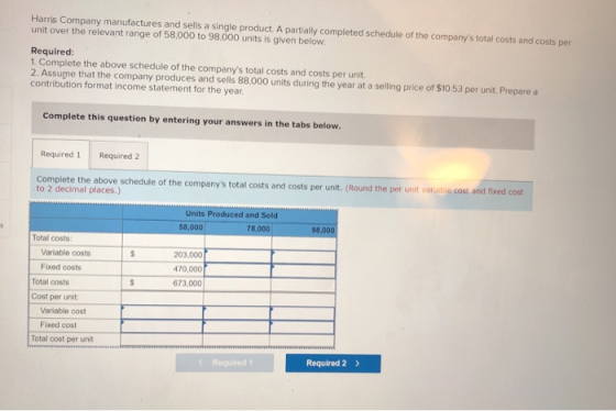 Harris Company manufactures and sells a single product. A partially completed schedule of the companys total costs and costs