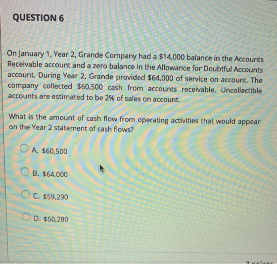 QUESTION 6 On January 1, Year 2, Grande Company had a $14,000 balance in the Accounts Receivable account and a zero balance i