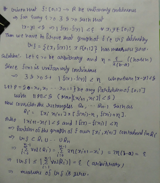 #viven that f! [0,1] → R be unifarmly continous = far Euery & 70 3870 such that Ix-yl cg => 1 fix) - fly) | C& &X,YE[011] Tho