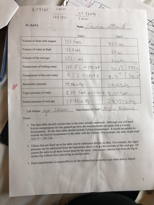 8.79 for larm 29. GainHg : 760 torr latm IV. DATA Name Enima taub Trial 2 Trial 1 Volume of flask with stopper 1353. ImL 329