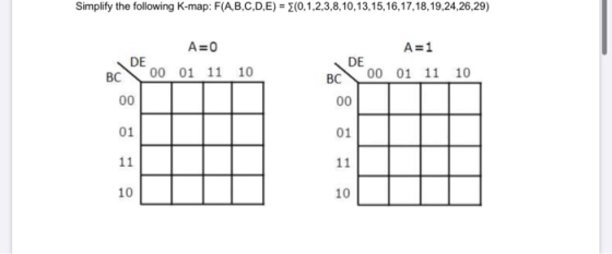 Simplify the following K-map: F(A,B,C,D,E) = 2(0,1,2,3,8,10,13,15,16,17,18,19,24,26,29) A=0 00 01 11 A=1 DE BC0001 11 10 10