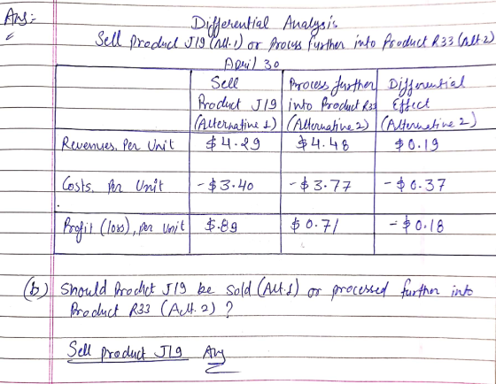 Any: Differential Analysis Sell Produd J19 Calu. 1) or process further into product 233 (Alt 2) April 30 Sell Process further