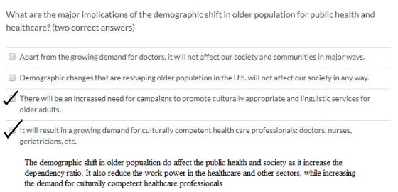 What are the major implications of the demographic shift in older population for public health and healthcare? (two correct a
