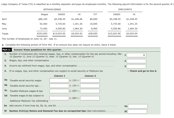Lidge Company of Texas (TX) is classified as a monthly depositor and pays its employees monthly. The following payroll inform