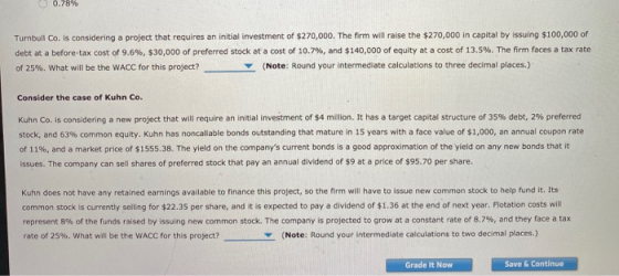 0.78% Turnbull Co. is considering a project that requires an initial investment of $270,000. The firm will raise the $270,000