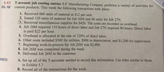5.43 01, 02 T-account job costing entries S-F Manufacturing Company performs a variety of activities for custom products. This week the following transactions took place. 1. Received 600 units of material at $12 per unit. 2. Issued 120 units of material for Job 26M and 80 units for Job 27N 3. Received miscellaneous supplies for $420. The costs are recorded as overhead. 4. Job 26M required 110 hours of direct labor and Job 27N required SO hours. Direct labor is paid S22 per hour. 5. Overhead is allocated at the rate of 120% of direct labor. 6. Other costs included $500 for utilities, $900 in depreciation, and $1,200 for supervision. 7. Beginning work-in-process for Job 26M was S2,400. 8. Job 26M was completed during the week 9. Delivered Job 26M to the customer. IRED: A. Set up all of the T-accounts needed to record this information. Use titles similar to those in Exhibit 5.7 B. Record all of the transactions for the week.