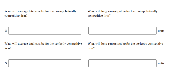 What will average total cost be for the monopolistically competitive firm? What will long-run output be for the monopolistica