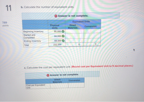 b. Calculate the number of equivalent units. Answer is not complete. 7.69 points Physical Units 80,000 Equivalent Units Direc