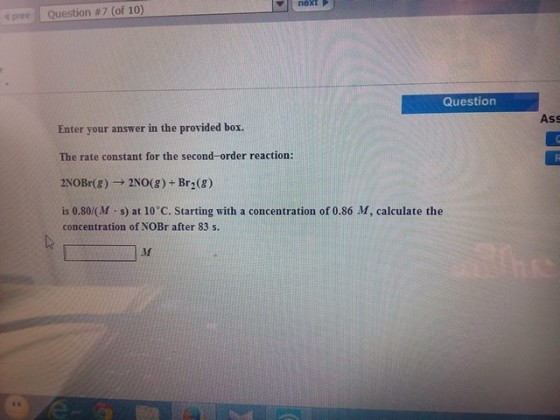 Image for Enter your answer in the provided box. The rate constant for the second-order reaction: 2NOBr(g) right arrow 2