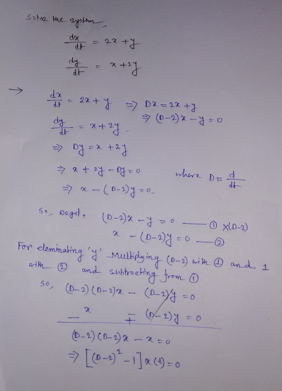 Solne the system, 22 at ty dy = x+2y > 2x + y dy = x+ da dt => D2 =22ty 7 (0-2) x - y =o x+2y > Dy=x+2y 7 atzy - Dy = 0 => x-