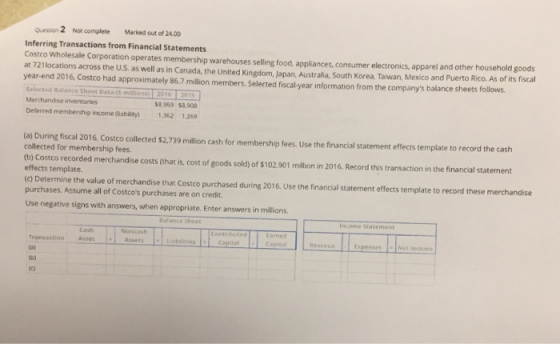 Question 2 Not complete Marked out of 24.00 Inferring Transactions from Financial Statements Costco Wholesale Corporation ope