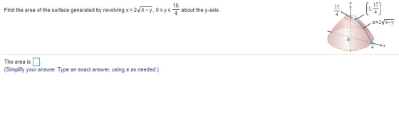 Find the area of the surface generated by revolving x = 214-y. ys about the y-axis. x=20/4- The area is (Simplify your answer