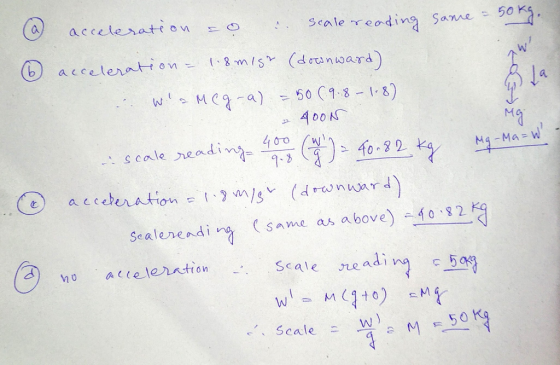 a la me 50 kg. (a) acceleration so scale reading same - 6 acceleration = 1.8migr (downward) . Wa Mcg-a) = 50 (9.8 -1.8) = 40