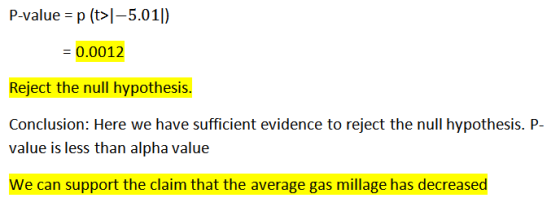P-value = p (t>/-5.011) = 0.0012 Reject the null hypothesis. Conclusion: Here we have sufficient evidence to reject the null