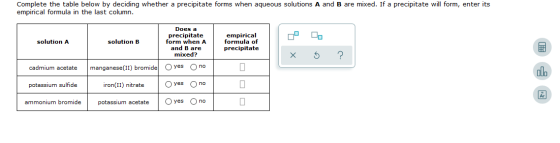 Complete the table below by deciding whether a precipitate forms when aqueous solutions A and B are mixed. If a precipitate w
