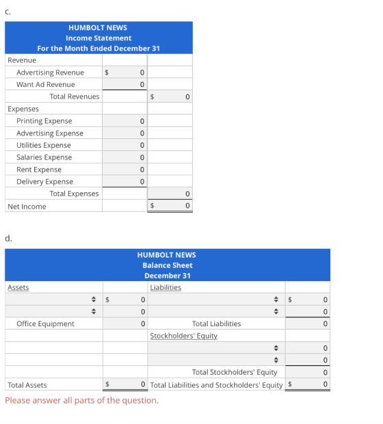 HUMBOLT NEWS Income Statement For the Month Ended December 31 Revenue Advertising Revenue Want Ad Revenue Total Revenues Expe