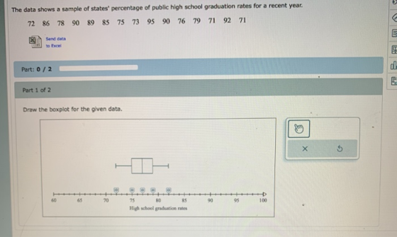 The data shows a sample of states percentage of public high school graduation rates for a recent year. 72 86 78 90 89 85 75
