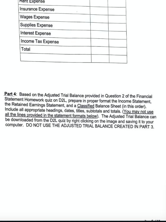 Rent Expense Insurance Expense Wages Expense Supplies Expense Interest Expense Income Tax Expense Total Part 4: Based on the