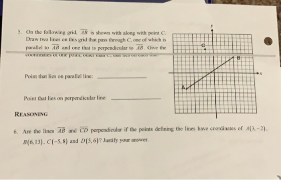 5. On the following grid, AB is shown with along with point C. Draw two lines on this grid that pass through C, one of which