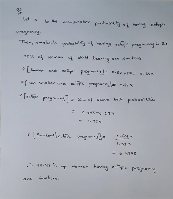 Let χ be lRe non-Arn ok ev probabiut。t ha ing ectopic pregnand avin 32ソ· child bea ring are moketo woman ρ [ non smoker and elope pregna^ai] 0.18 χ p [ectopic pregna 64 +o.68 321 32n ,, 48.YF7,叶women having ectopic (svegna nad are smo kera